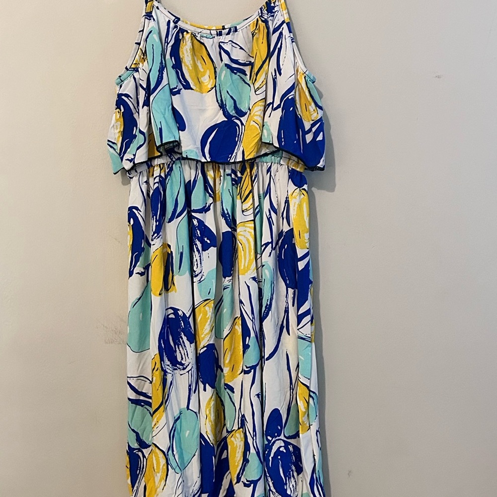 Jade Asymmetrical Blue and Yellow Tiered Sundress